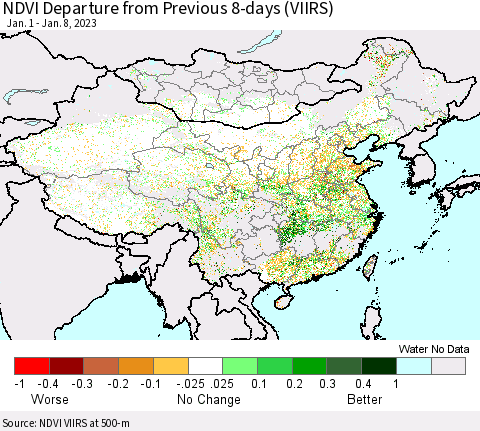 China, Mongolia and Taiwan NDVI Departure from Previous 8-days (VIIRS) Thematic Map For 1/1/2023 - 1/8/2023