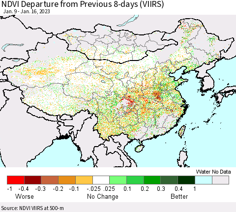 China, Mongolia and Taiwan NDVI Departure from Previous 8-days (VIIRS) Thematic Map For 1/9/2023 - 1/16/2023