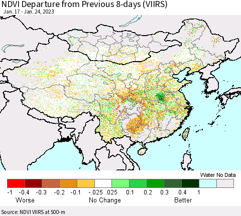 China, Mongolia and Taiwan NDVI Departure from Previous 8-days (VIIRS) Thematic Map For 1/17/2023 - 1/24/2023
