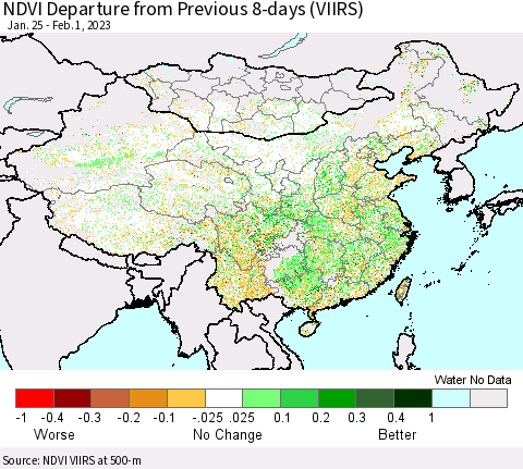 China, Mongolia and Taiwan NDVI Departure from Previous 8-days (VIIRS) Thematic Map For 1/25/2023 - 2/1/2023