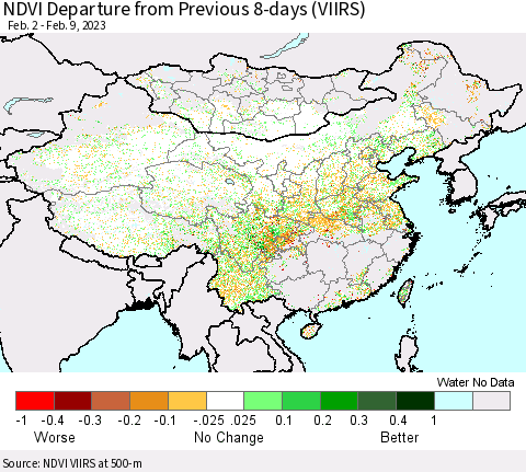 China, Mongolia and Taiwan NDVI Departure from Previous 8-days (VIIRS) Thematic Map For 2/2/2023 - 2/9/2023