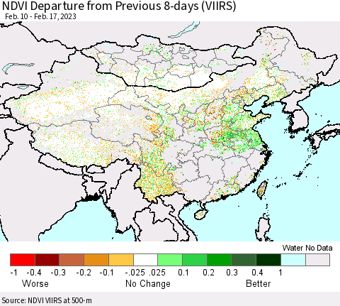 China, Mongolia and Taiwan NDVI Departure from Previous 8-days (VIIRS) Thematic Map For 2/10/2023 - 2/17/2023