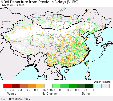 China, Mongolia and Taiwan NDVI Departure from Previous 8-days (VIIRS) Thematic Map For 2/26/2023 - 3/5/2023