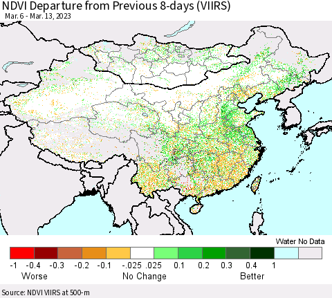 China, Mongolia and Taiwan NDVI Departure from Previous 8-days (VIIRS) Thematic Map For 3/6/2023 - 3/13/2023