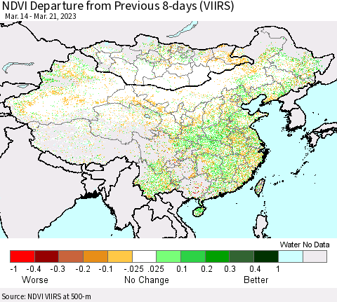 China, Mongolia and Taiwan NDVI Departure from Previous 8-days (VIIRS) Thematic Map For 3/14/2023 - 3/21/2023