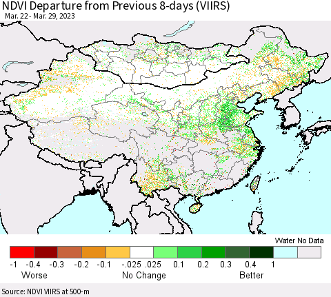 China, Mongolia and Taiwan NDVI Departure from Previous 8-days (VIIRS) Thematic Map For 3/22/2023 - 3/29/2023