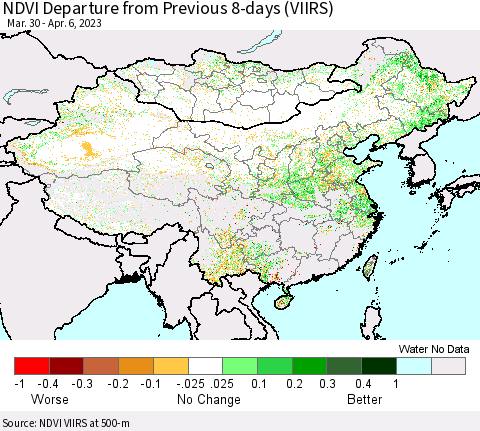 China, Mongolia and Taiwan NDVI Departure from Previous 8-days (VIIRS) Thematic Map For 3/30/2023 - 4/6/2023