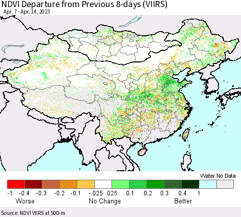 China, Mongolia and Taiwan NDVI Departure from Previous 8-days (VIIRS) Thematic Map For 4/7/2023 - 4/14/2023
