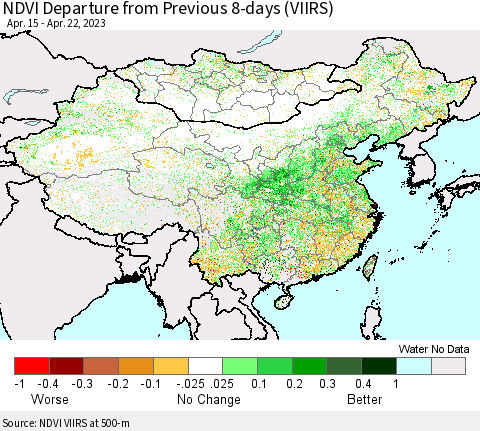 China, Mongolia and Taiwan NDVI Departure from Previous 8-days (VIIRS) Thematic Map For 4/15/2023 - 4/22/2023