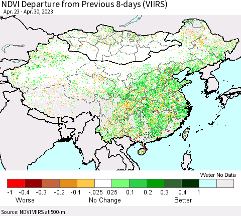 China, Mongolia and Taiwan NDVI Departure from Previous 8-days (VIIRS) Thematic Map For 4/23/2023 - 4/30/2023