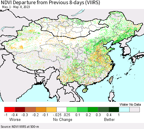 China, Mongolia and Taiwan NDVI Departure from Previous 8-days (VIIRS) Thematic Map For 5/1/2023 - 5/8/2023