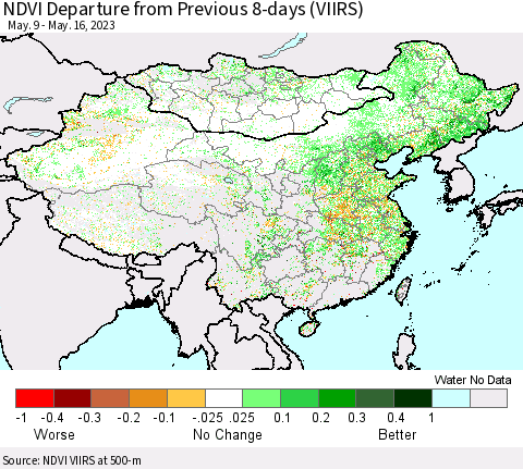 China, Mongolia and Taiwan NDVI Departure from Previous 8-days (VIIRS) Thematic Map For 5/9/2023 - 5/16/2023
