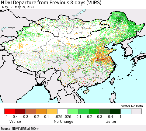 China, Mongolia and Taiwan NDVI Departure from Previous 8-days (VIIRS) Thematic Map For 5/17/2023 - 5/24/2023