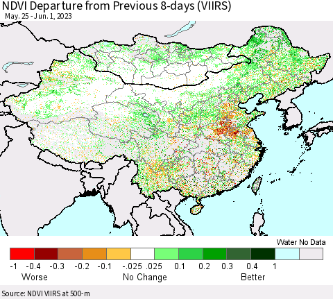China, Mongolia and Taiwan NDVI Departure from Previous 8-days (VIIRS) Thematic Map For 5/25/2023 - 6/1/2023