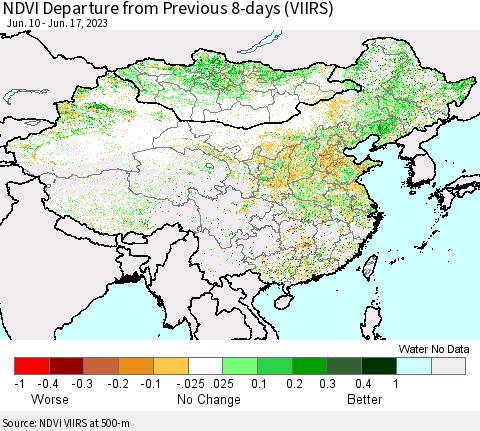China, Mongolia and Taiwan NDVI Departure from Previous 8-days (VIIRS) Thematic Map For 6/10/2023 - 6/17/2023
