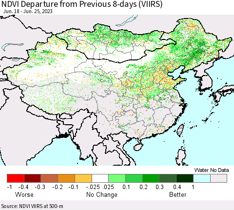 China, Mongolia and Taiwan NDVI Departure from Previous 8-days (VIIRS) Thematic Map For 6/18/2023 - 6/25/2023