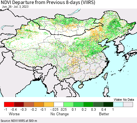 China, Mongolia and Taiwan NDVI Departure from Previous 8-days (VIIRS) Thematic Map For 6/26/2023 - 7/3/2023