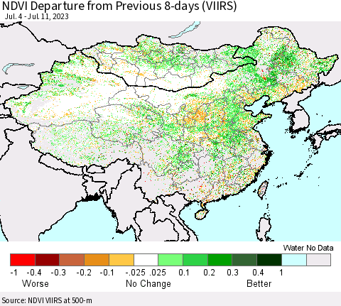 China, Mongolia and Taiwan NDVI Departure from Previous 8-days (VIIRS) Thematic Map For 7/4/2023 - 7/11/2023