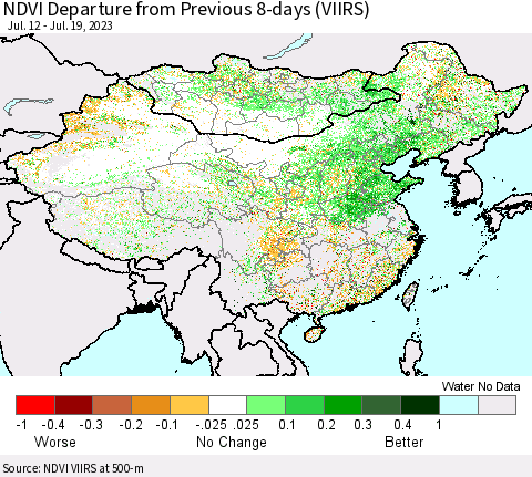 China, Mongolia and Taiwan NDVI Departure from Previous 8-days (VIIRS) Thematic Map For 7/12/2023 - 7/19/2023