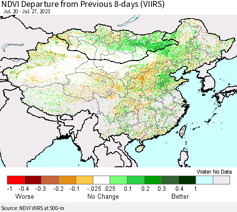 China, Mongolia and Taiwan NDVI Departure from Previous 8-days (VIIRS) Thematic Map For 7/20/2023 - 7/27/2023