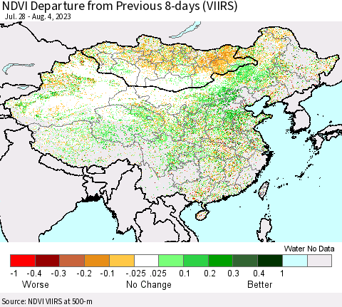 China, Mongolia and Taiwan NDVI Departure from Previous 8-days (VIIRS) Thematic Map For 7/28/2023 - 8/4/2023