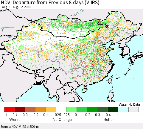 China, Mongolia and Taiwan NDVI Departure from Previous 8-days (VIIRS) Thematic Map For 8/5/2023 - 8/12/2023