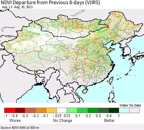 China, Mongolia and Taiwan NDVI Departure from Previous 8-days (VIIRS) Thematic Map For 8/13/2023 - 8/20/2023