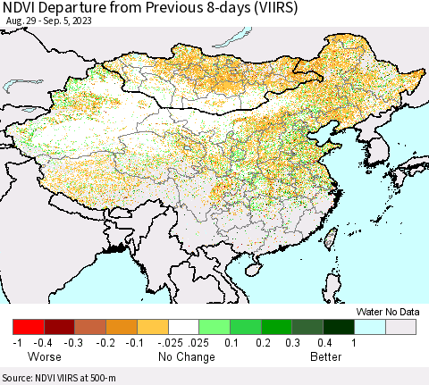 China, Mongolia and Taiwan NDVI Departure from Previous 8-days (VIIRS) Thematic Map For 8/29/2023 - 9/5/2023