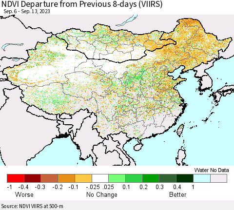 China, Mongolia and Taiwan NDVI Departure from Previous 8-days (VIIRS) Thematic Map For 9/6/2023 - 9/13/2023