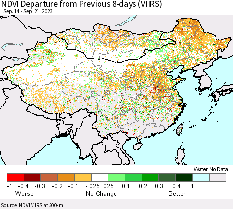 China, Mongolia and Taiwan NDVI Departure from Previous 8-days (VIIRS) Thematic Map For 9/14/2023 - 9/21/2023