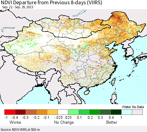 China, Mongolia and Taiwan NDVI Departure from Previous 8-days (VIIRS) Thematic Map For 9/22/2023 - 9/29/2023