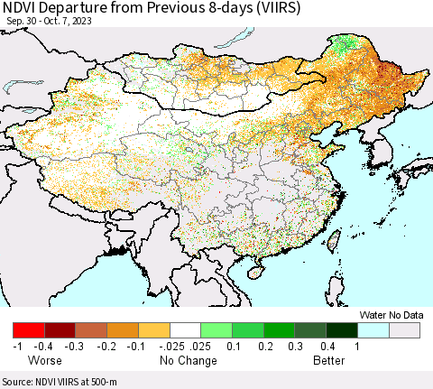 China, Mongolia and Taiwan NDVI Departure from Previous 8-days (VIIRS) Thematic Map For 9/30/2023 - 10/7/2023