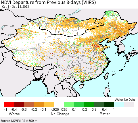 China, Mongolia and Taiwan NDVI Departure from Previous 8-days (VIIRS) Thematic Map For 10/8/2023 - 10/15/2023