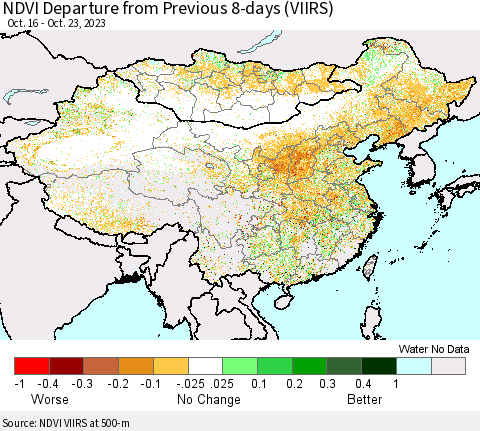 China, Mongolia and Taiwan NDVI Departure from Previous 8-days (VIIRS) Thematic Map For 10/16/2023 - 10/23/2023