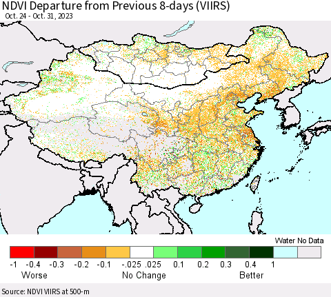China, Mongolia and Taiwan NDVI Departure from Previous 8-days (VIIRS) Thematic Map For 10/24/2023 - 10/31/2023