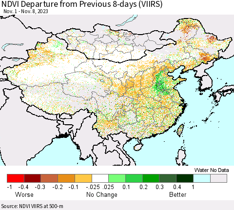 China, Mongolia and Taiwan NDVI Departure from Previous 8-days (VIIRS) Thematic Map For 11/1/2023 - 11/8/2023