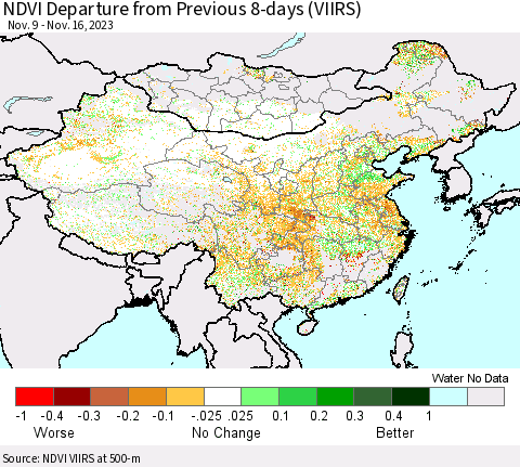 China, Mongolia and Taiwan NDVI Departure from Previous 8-days (VIIRS) Thematic Map For 11/9/2023 - 11/16/2023