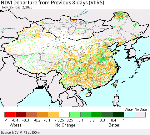 China, Mongolia and Taiwan NDVI Departure from Previous 8-days (VIIRS) Thematic Map For 11/25/2023 - 12/2/2023