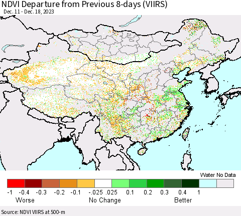 China, Mongolia and Taiwan NDVI Departure from Previous 8-days (VIIRS) Thematic Map For 12/11/2023 - 12/18/2023