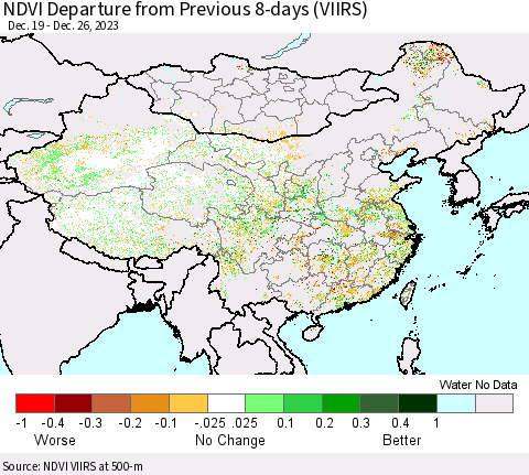 China, Mongolia and Taiwan NDVI Departure from Previous 8-days (VIIRS) Thematic Map For 12/19/2023 - 12/26/2023