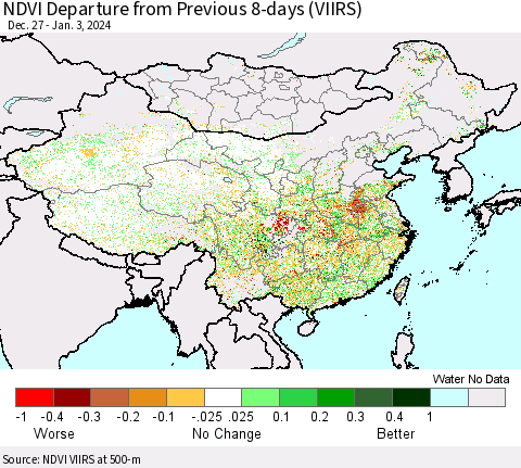 China, Mongolia and Taiwan NDVI Departure from Previous 8-days (VIIRS) Thematic Map For 12/27/2023 - 1/3/2024