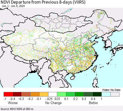 China, Mongolia and Taiwan NDVI Departure from Previous 8-days (VIIRS) Thematic Map For 1/1/2024 - 1/8/2024
