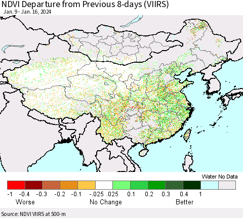 China, Mongolia and Taiwan NDVI Departure from Previous 8-days (VIIRS) Thematic Map For 1/9/2024 - 1/16/2024