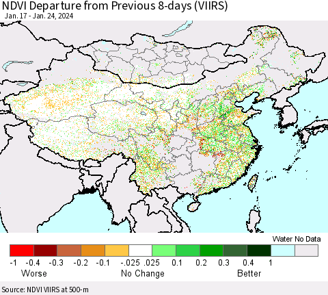 China, Mongolia and Taiwan NDVI Departure from Previous 8-days (VIIRS) Thematic Map For 1/17/2024 - 1/24/2024