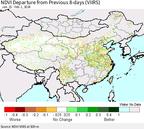 China, Mongolia and Taiwan NDVI Departure from Previous 8-days (VIIRS) Thematic Map For 1/25/2024 - 2/1/2024