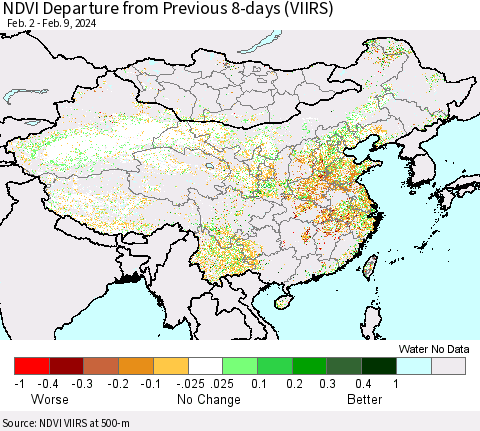 China, Mongolia and Taiwan NDVI Departure from Previous 8-days (VIIRS) Thematic Map For 2/2/2024 - 2/9/2024