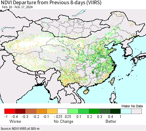 China, Mongolia and Taiwan NDVI Departure from Previous 8-days (VIIRS) Thematic Map For 2/10/2024 - 2/17/2024