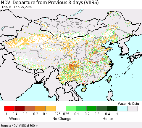 China, Mongolia and Taiwan NDVI Departure from Previous 8-days (VIIRS) Thematic Map For 2/18/2024 - 2/25/2024