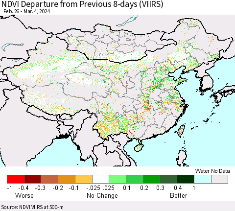 China, Mongolia and Taiwan NDVI Departure from Previous 8-days (VIIRS) Thematic Map For 2/26/2024 - 3/4/2024