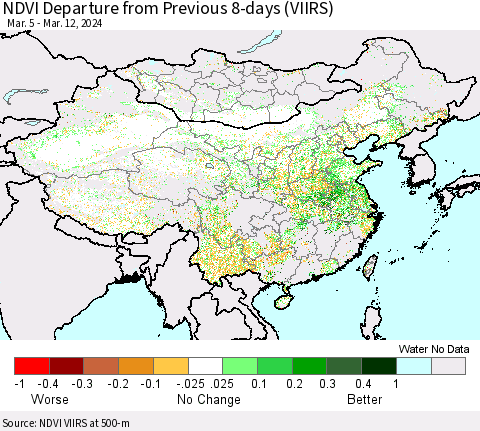China, Mongolia and Taiwan NDVI Departure from Previous 8-days (VIIRS) Thematic Map For 3/5/2024 - 3/12/2024